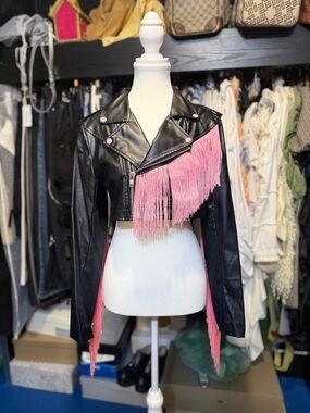 Hot & Delicious Black Faux Leather Cropped Jacket with Pink Fringe